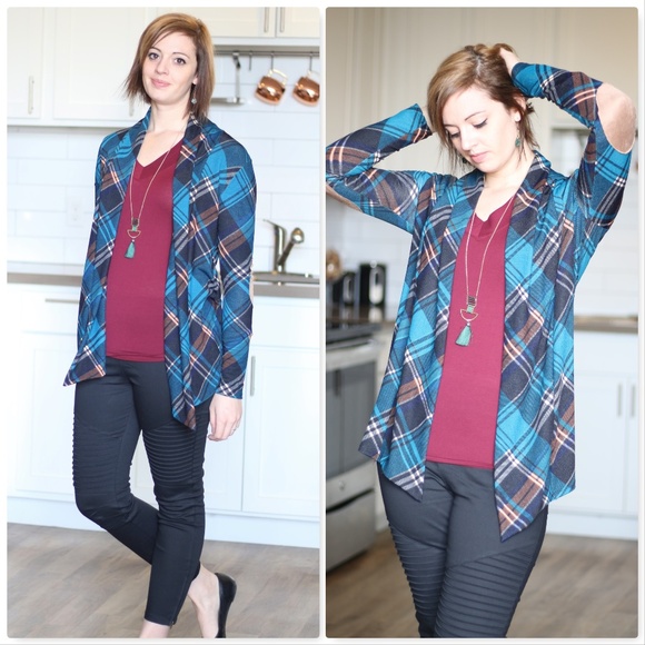 Teal Plaid Cardigan W/Elbow Patch - Picture 3 of 5
